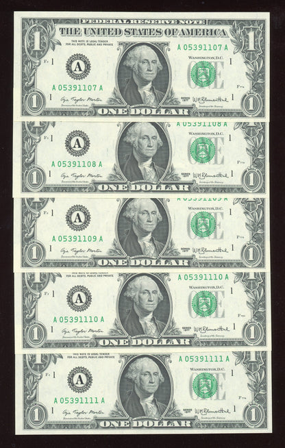 Beautiful Set of 5 Crisp Consecutive Serial 1977 $1 Notes