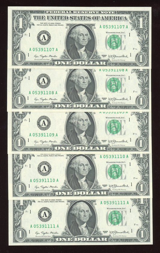Beautiful Set of 5 Crisp Consecutive Serial 1977 $1 Notes