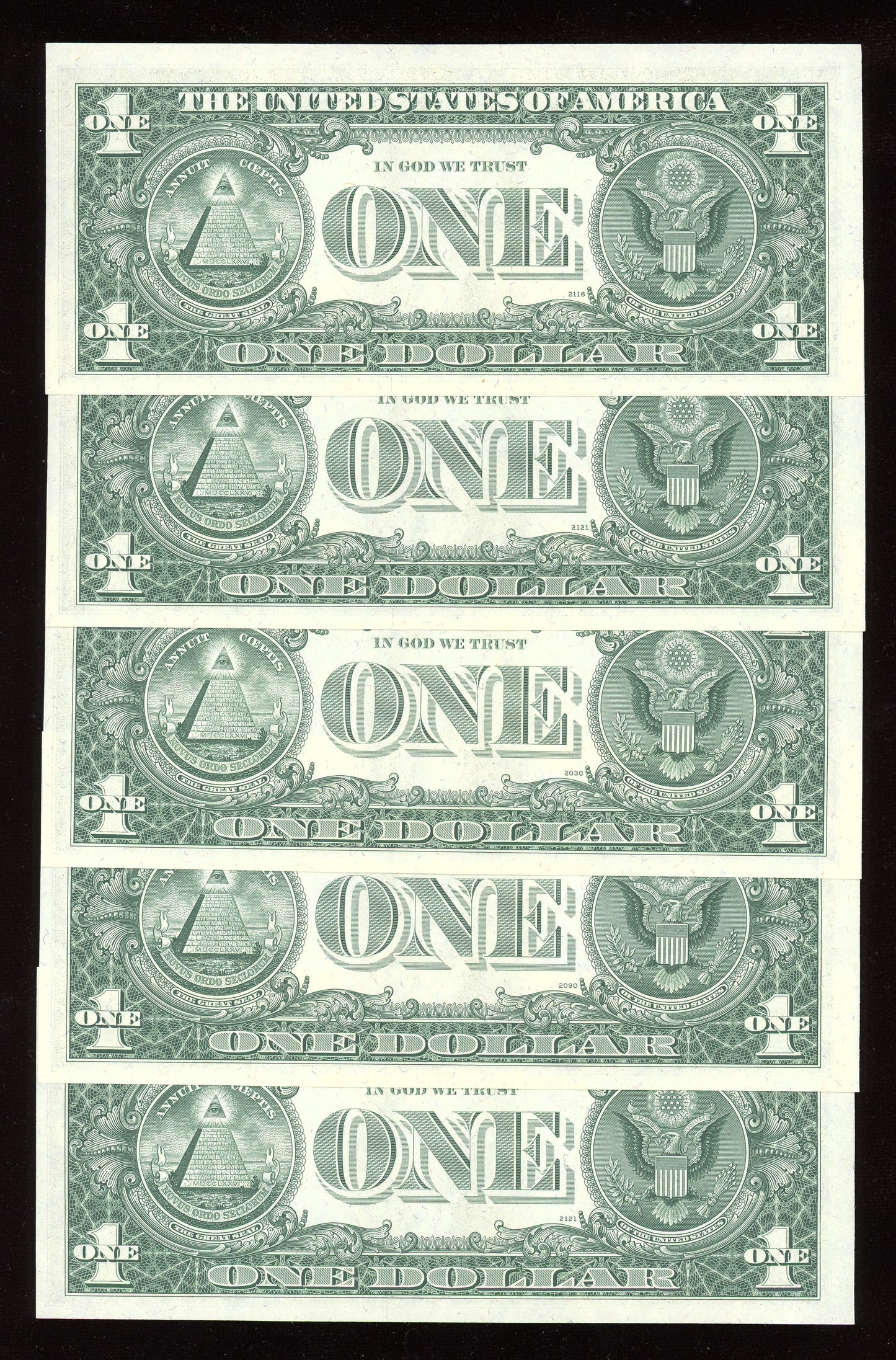 Beautiful Set of 5 Crisp Consecutive Serial 1977 $1 Notes