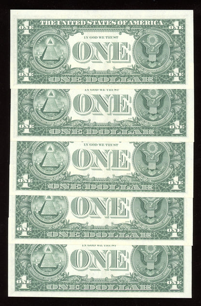 Beautiful Set of 5 Crisp Consecutive Serial 1977 $1 Notes