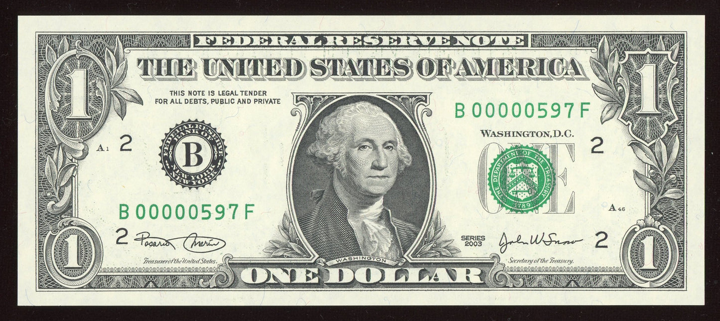 Beautiful Crisp Fancy Low Serial 2003 $1 Note