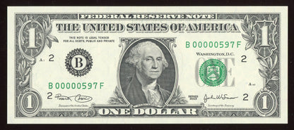 Beautiful Crisp Fancy Low Serial 2003 $1 Note