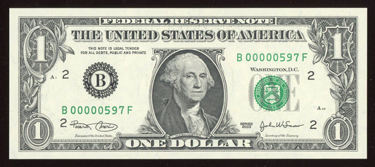 Beautiful Crisp Fancy Low Serial 2003 $1 Note