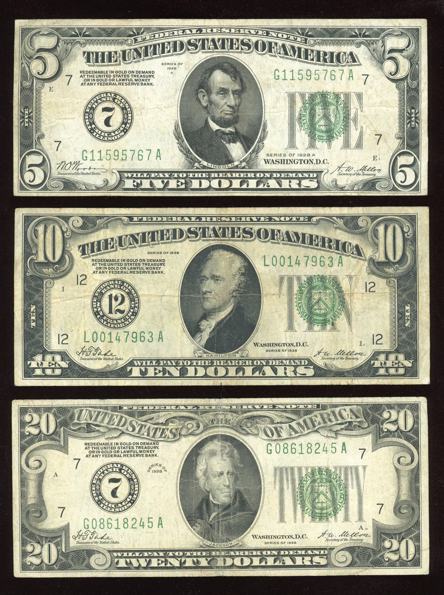 Set of 1928 $5 $10 $20 Green Seal REDEEMABLE IN GOLD