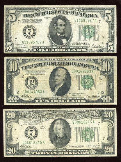 Set of 1928 $5 $10 $20 Green Seal REDEEMABLE IN GOLD