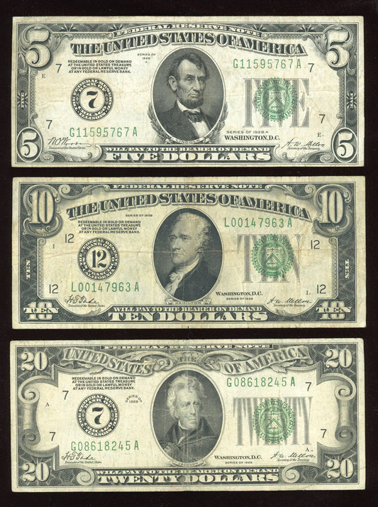 Set of 1928 $5 $10 $20 Green Seal REDEEMABLE IN GOLD