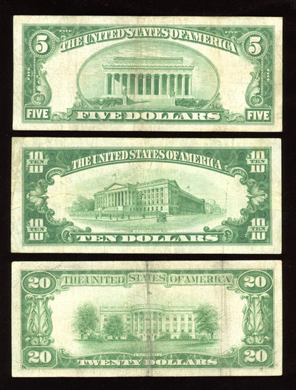 Set of 1928 $5 $10 $20 Green Seal REDEEMABLE IN GOLD