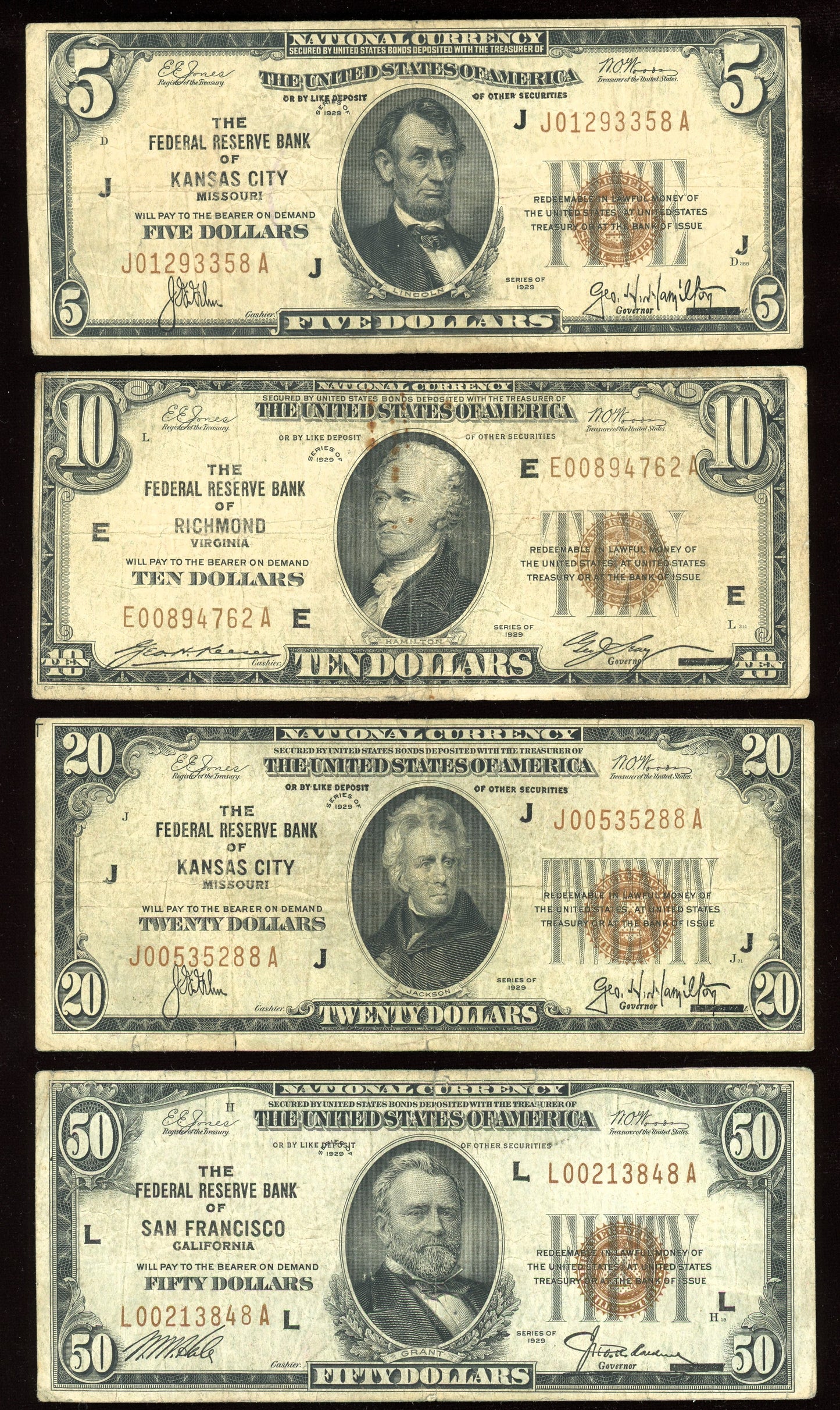 1929 National Bank Notes Set Federal Reserve Notes $5 $10 $20 $50 Brown Seal