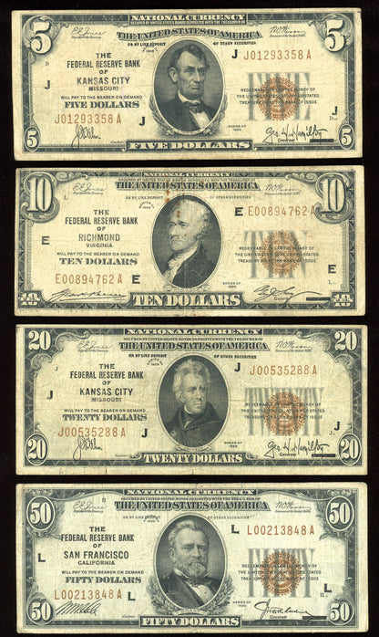 1929 National Bank Notes Set Federal Reserve Notes $5 $10 $20 $50 Brown Seal