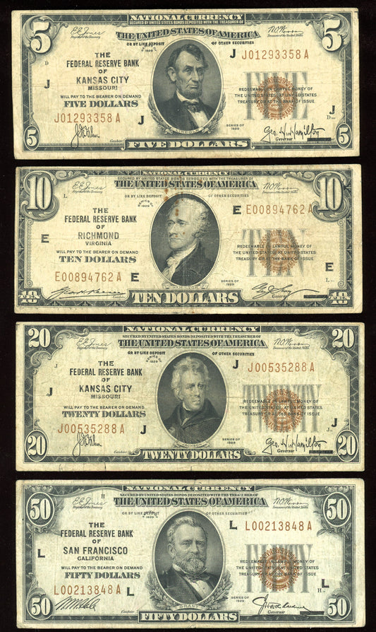 1929 National Bank Notes Set Federal Reserve Notes $5 $10 $20 $50 Brown Seal