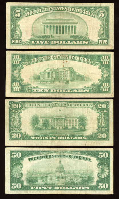 1929 National Bank Notes Set Federal Reserve Notes $5 $10 $20 $50 Brown Seal