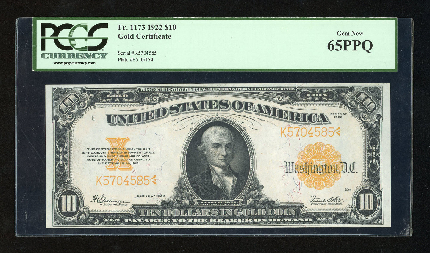 1922 $10 Gold Certificate FR. 1173 Well Centered Strong Color PCGS GEM NEW 65 PPQ