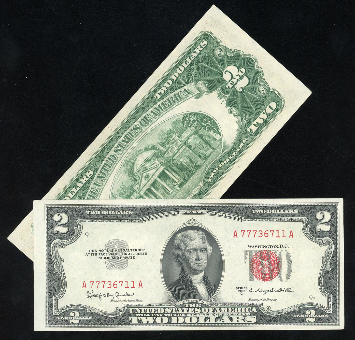 $2 Red Seal Series 1953 Red Seal United States Notes with Monticelo Back, Old Paper Money