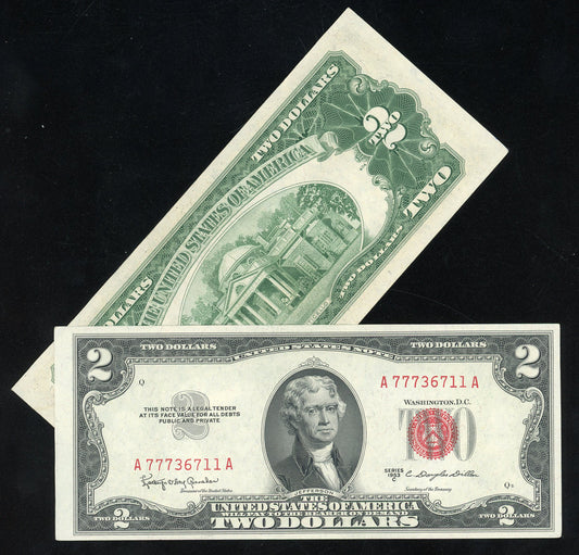 $2 Red Seal Series 1953 Red Seal United States Notes with Monticelo Back, Old Paper Money