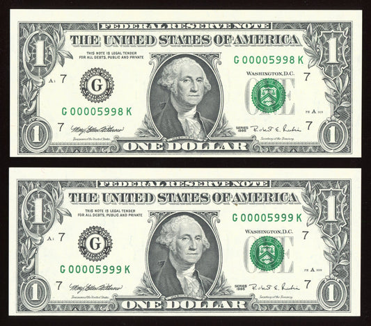 Beautiful Set of Two Consecutive Crisp Fancy Low Serial 1995 $1 Notes