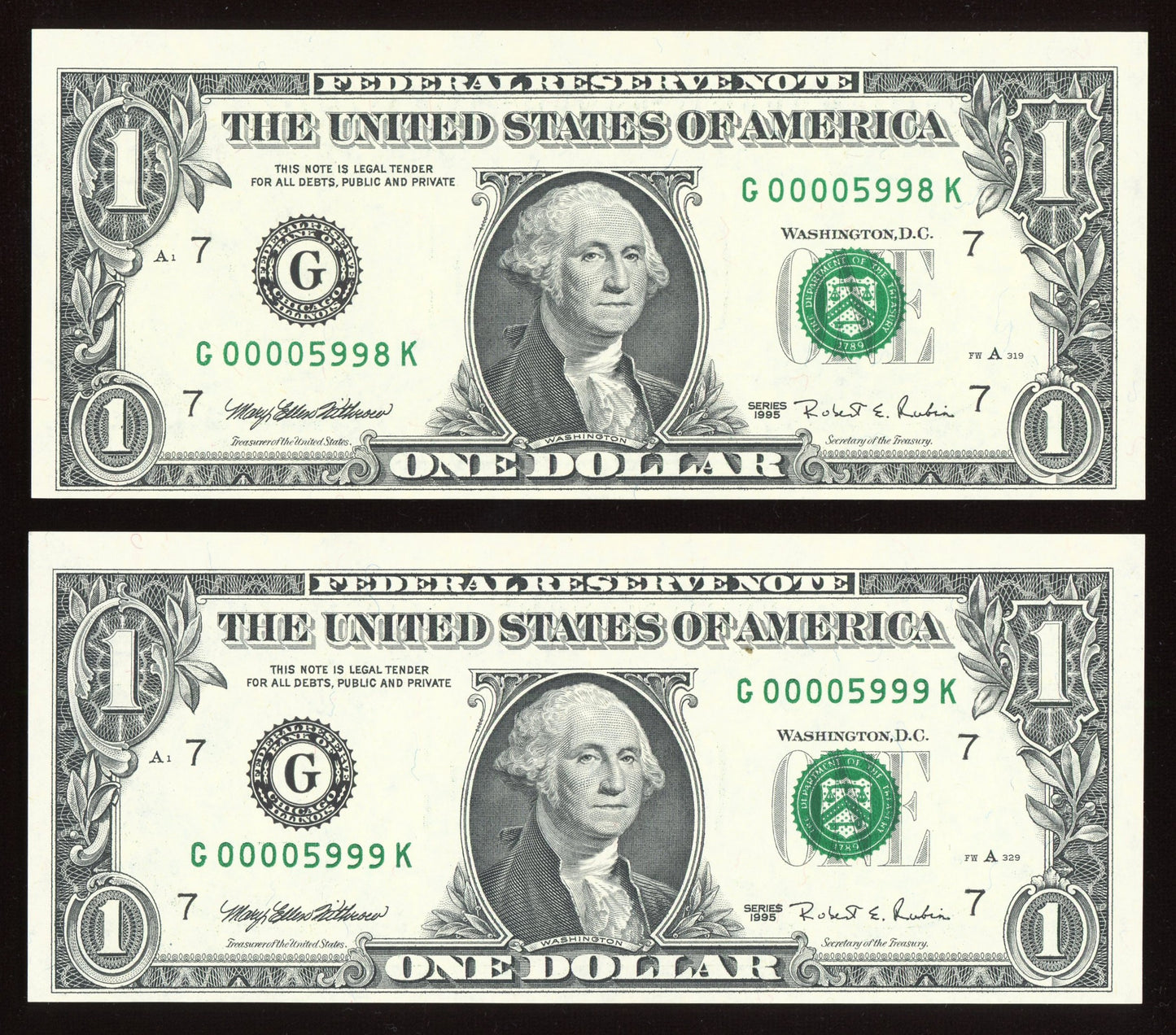 Beautiful Set of 2 Consecutive Crisp 1977 $1 Notes