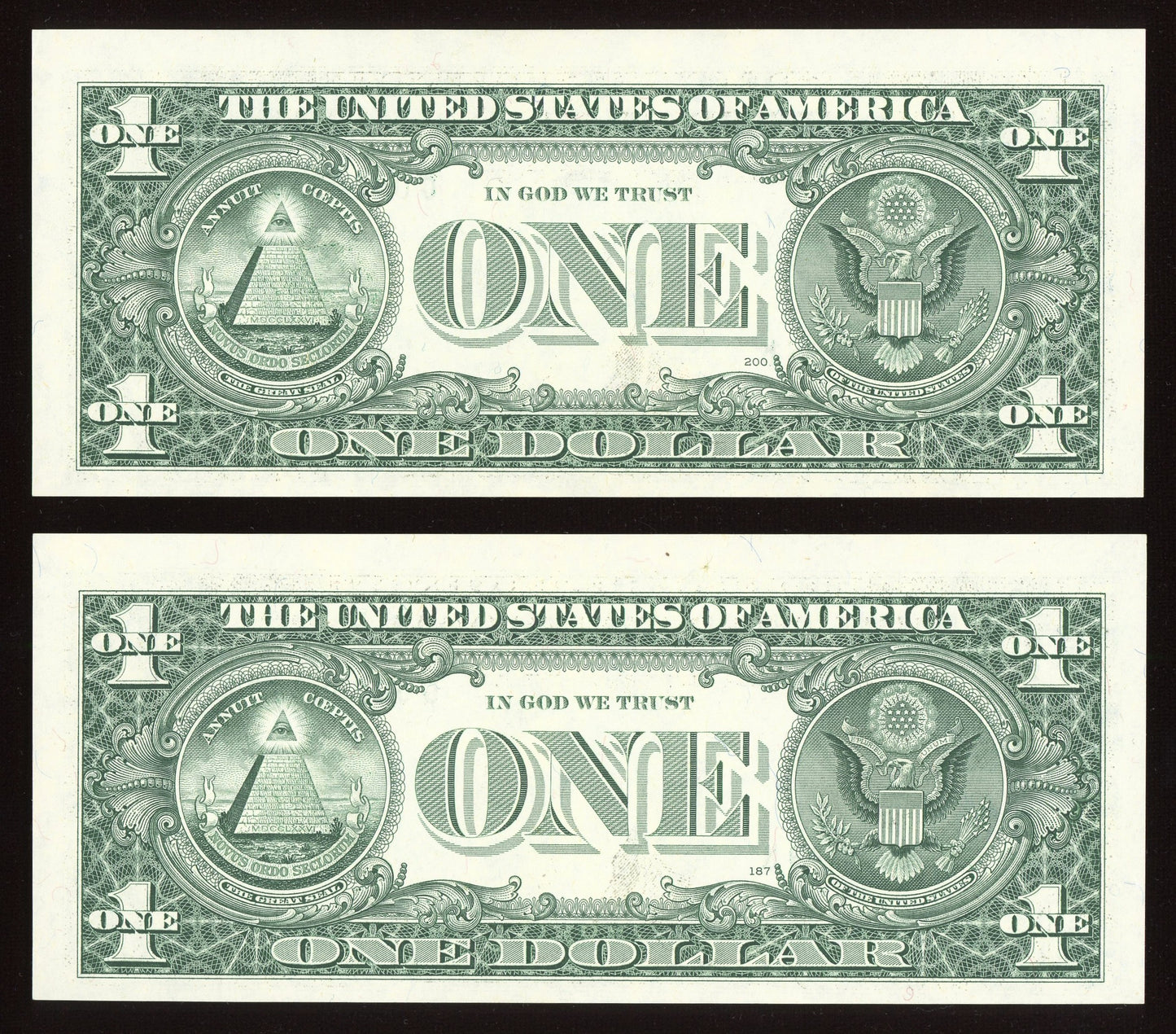 Beautiful Set of Two Consecutive Crisp Fancy Low Serial 1995 $1 Notes