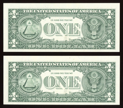 Beautiful Set of 2 Consecutive Crisp 1977 $1 Notes