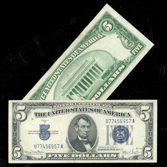 1934 $5 Dollar Bill Large Blue Seal Silver Certificate Almost 100 Years Old