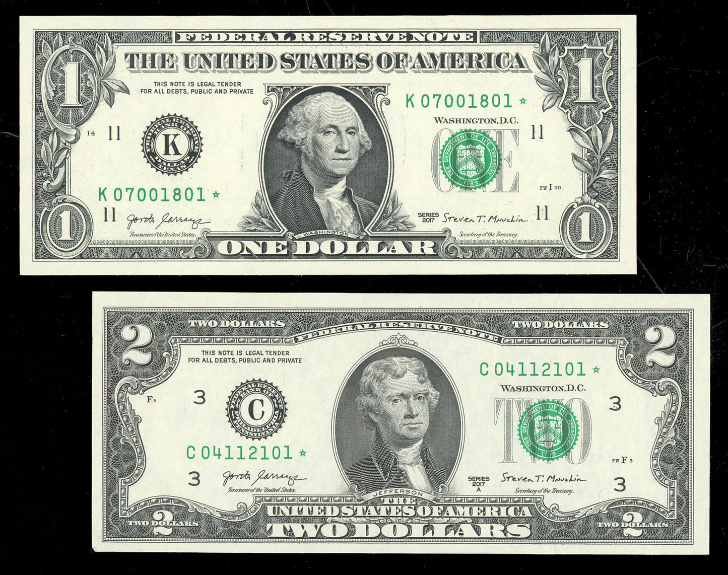 Set of Stars $1 and $2 Series 2017 STAR Notes Crisp Uncirculated from Pack