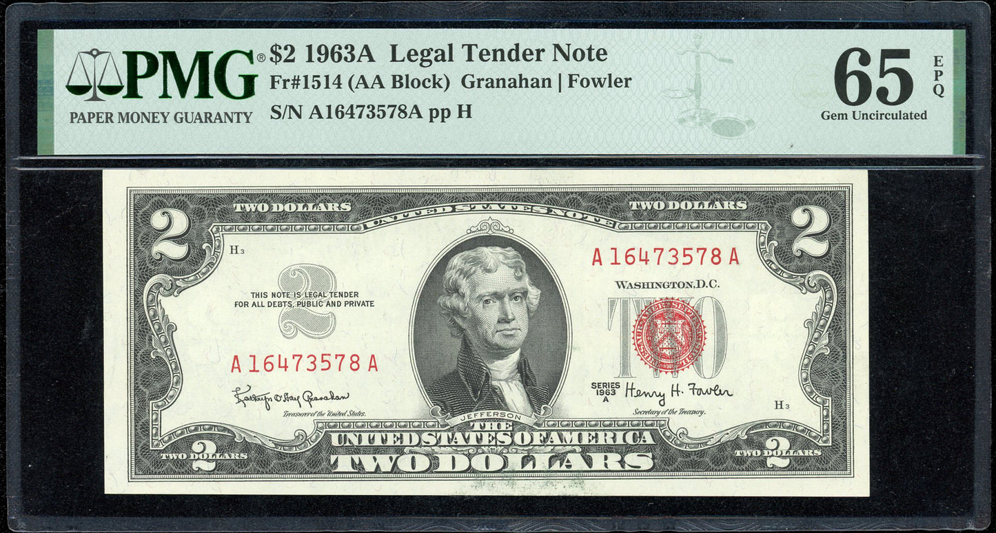 1963 A $2 Red Seal United States Note FR.1514 Gem Uncirculated PMG 65 EPQ