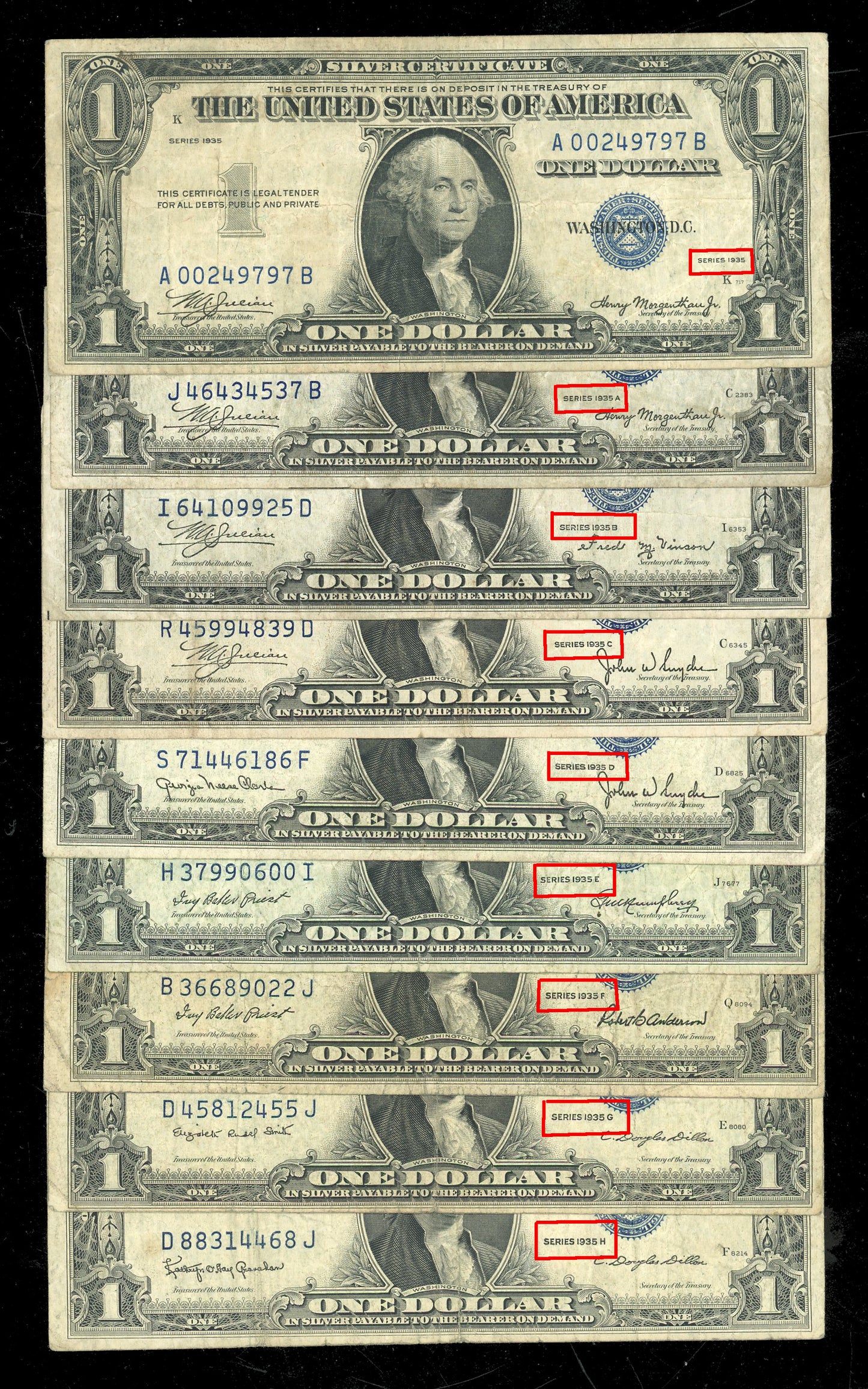 Full Set 1935 $1 Silver Certificates A B C D E F G H & Plain, Hard to Find Set
