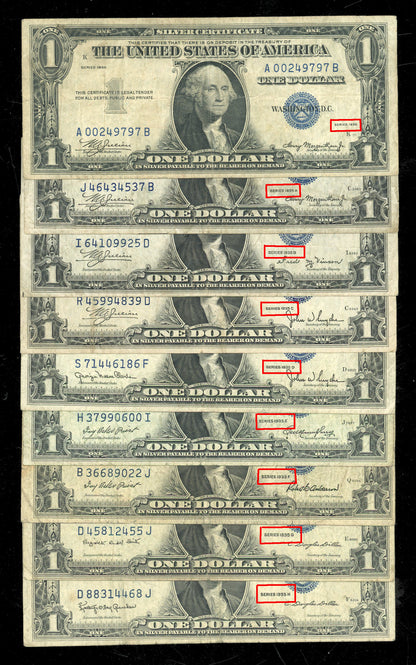 Full Set 1935 $1 Silver Certificates A B C D E F G H & Plain, Hard to Find Set