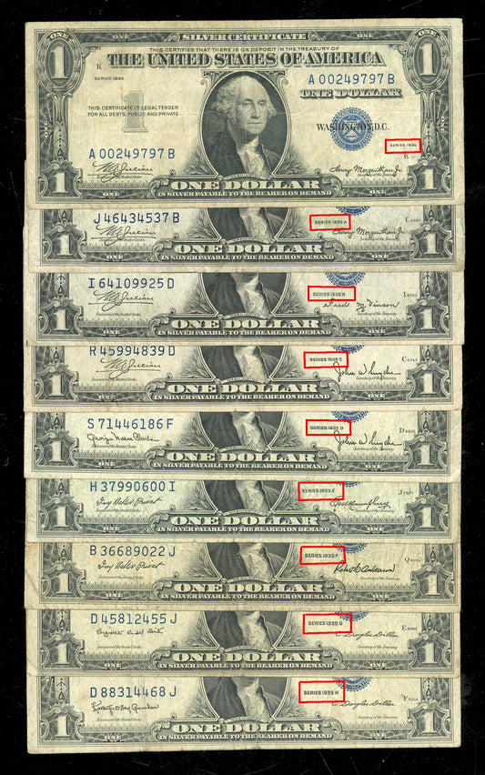 Full Set 1935 $1 Silver Certificates A B C D E F G H & Plain, Hard to Find Set