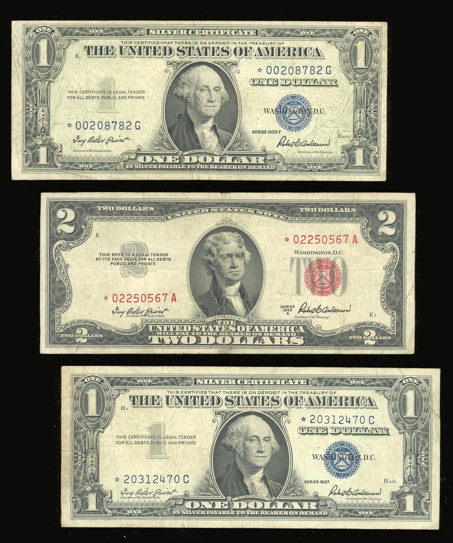 Set of STARS Old US Currency & Silver Certificate $1 1957, $1 1935, $2 1953 STAR