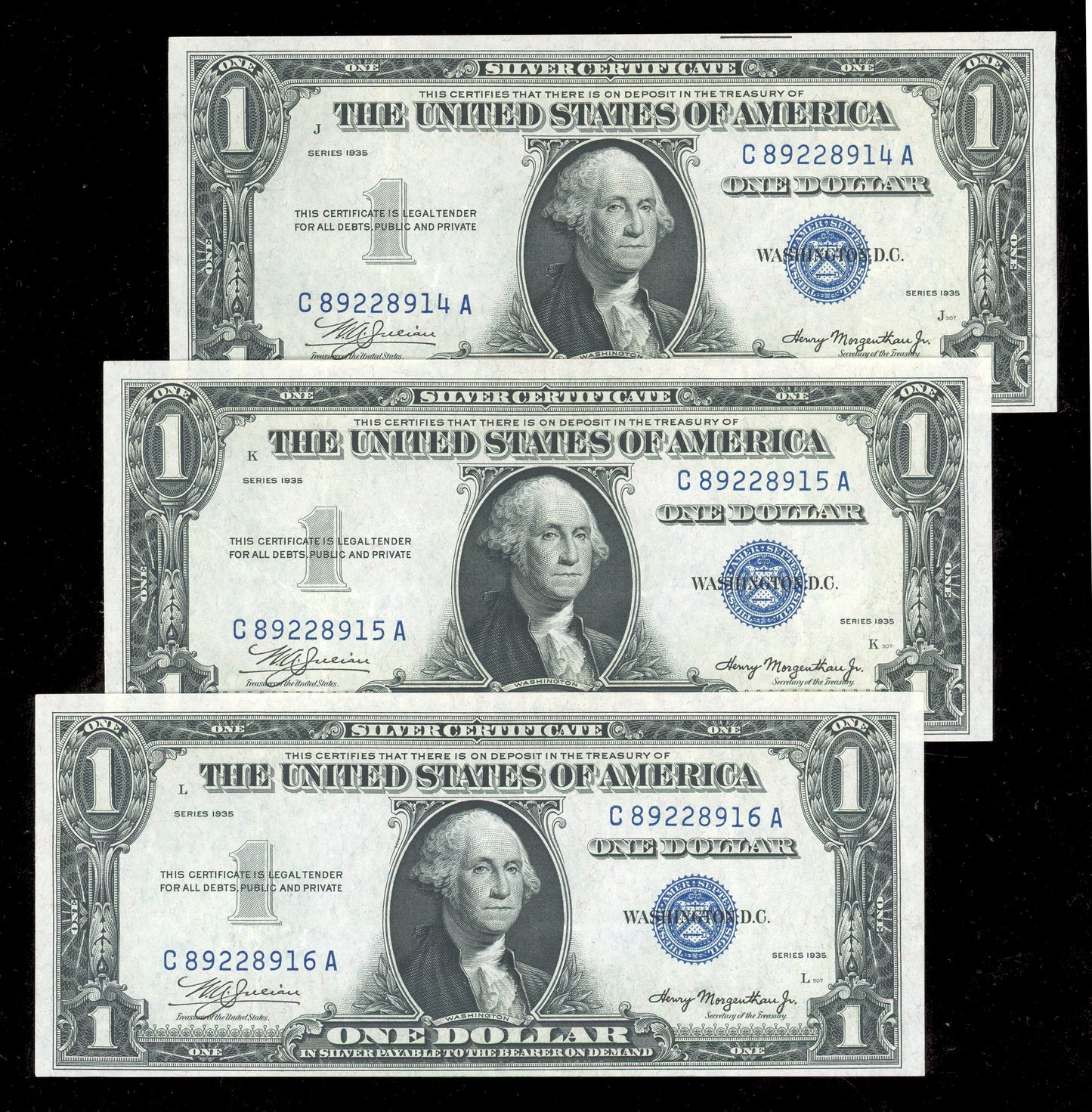 3 Consecutive $1 1935 Plain Silver Certificates Notes Crisp Uncirculated RARE