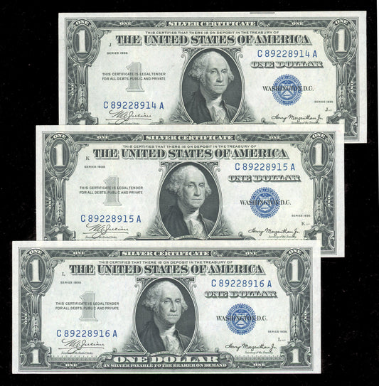 3 Consecutive $1 1935 Plain Silver Certificates Notes Crisp Uncirculated RARE