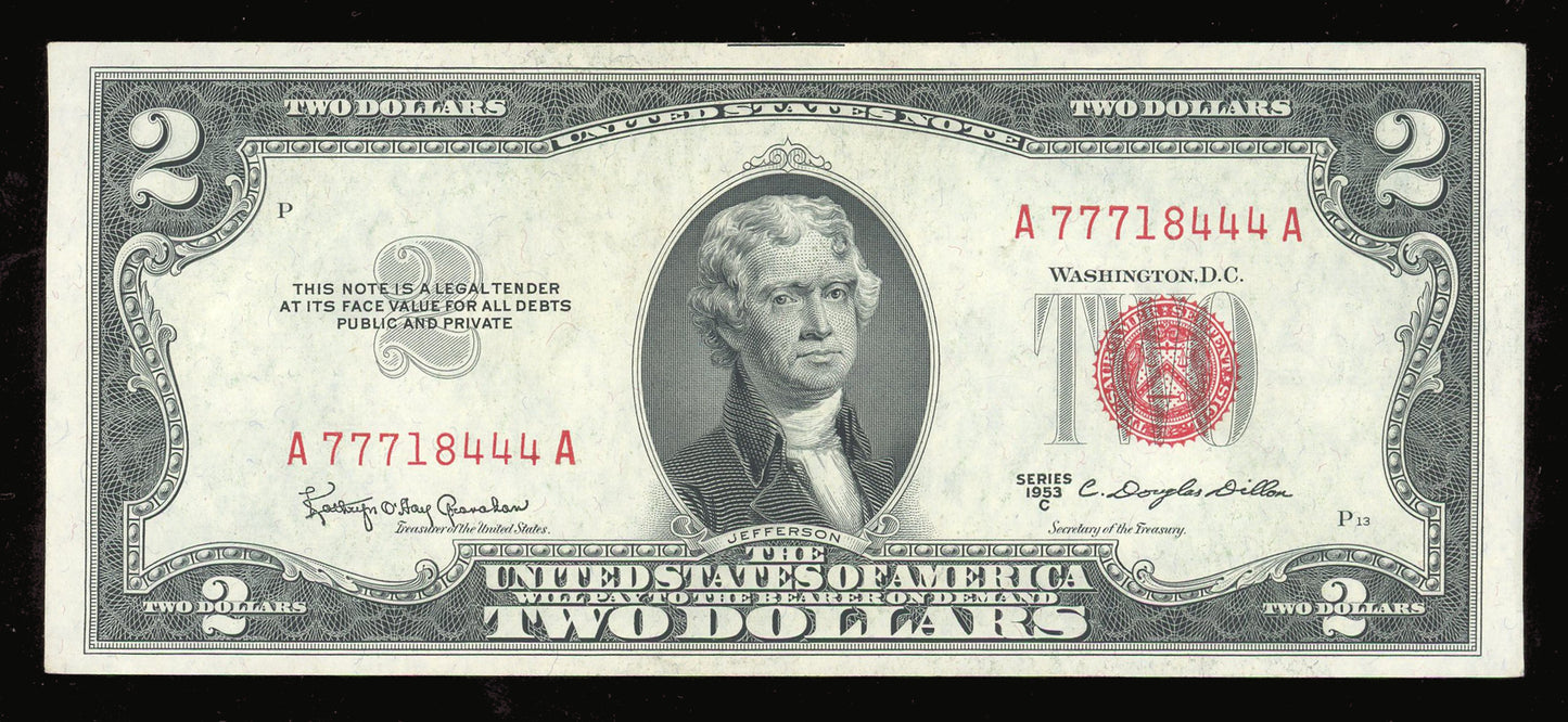 1953C $2 Red Seal US Note Fancy Serial Crisp Uncirculated Lucky 777