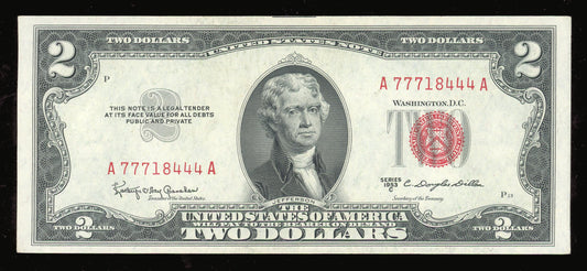 1953C $2 Red Seal US Note Fancy Serial Crisp Uncirculated Lucky 777