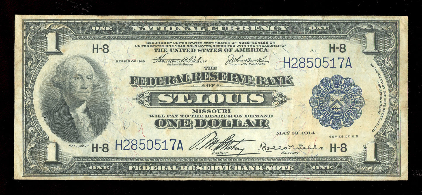$1 1918 Federal Reserve National Bank Note St. Louis Large Size Currency Fr. 730