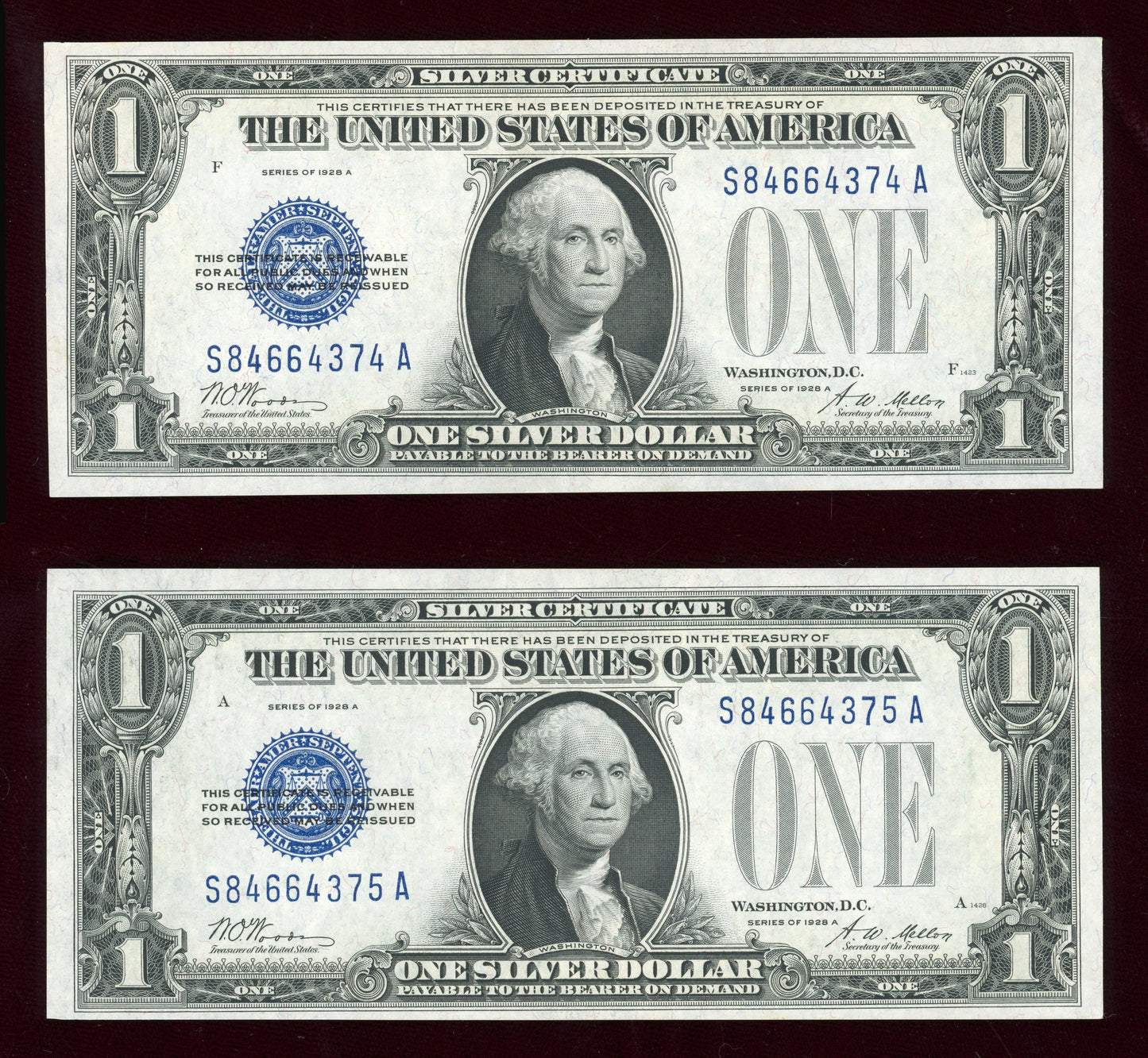 Beautiful Set of  1928A Consecutive Pair $1 Silver Certificates  2 notes Crisp Uncirculated