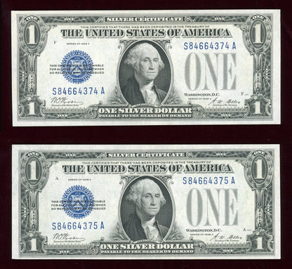 Beautiful Set of  1928A Consecutive Pair $1 Silver Certificates  2 notes Crisp Uncirculated