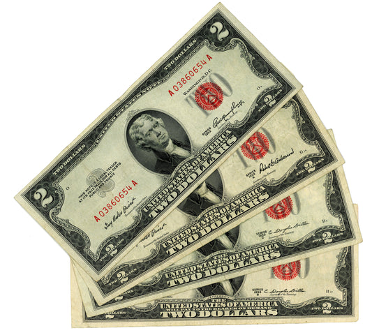 Full Set of 1953 1953A 1953B 1953C $2 Dollar Bills US Red Seal 4 Notes Nice