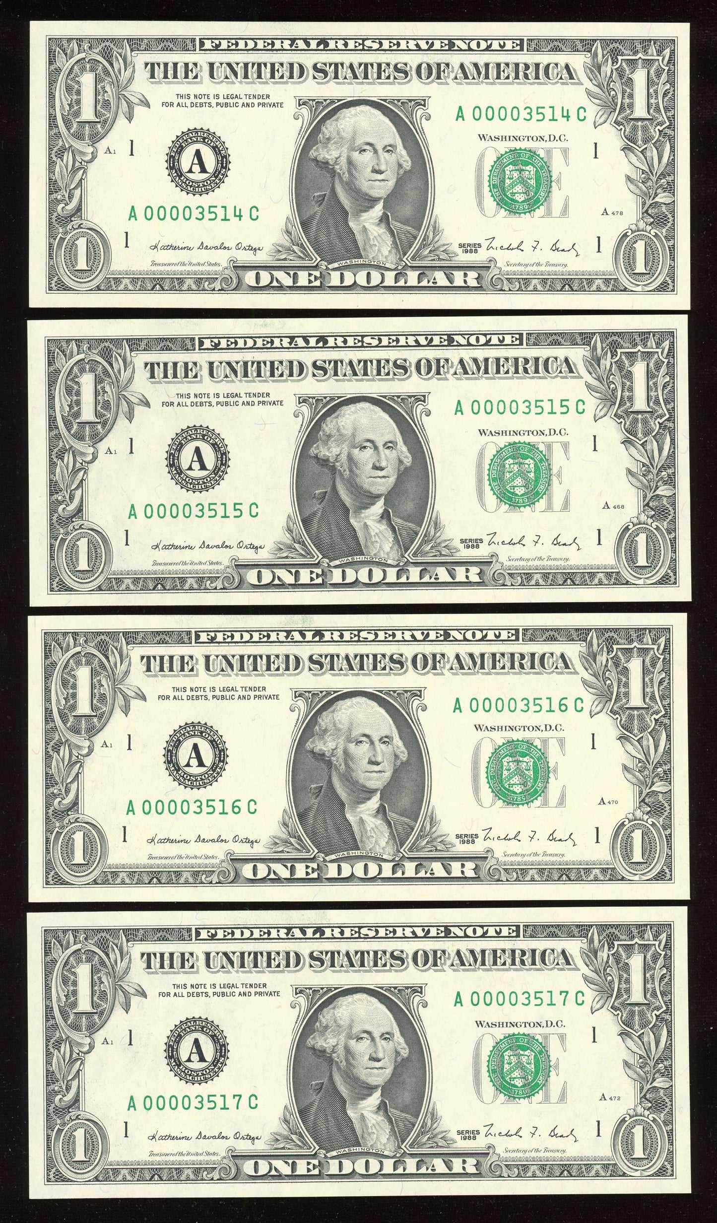 Beautiful Set of 4 Consecutive Crisp Fancy Low Serial 1988 $1 Notes