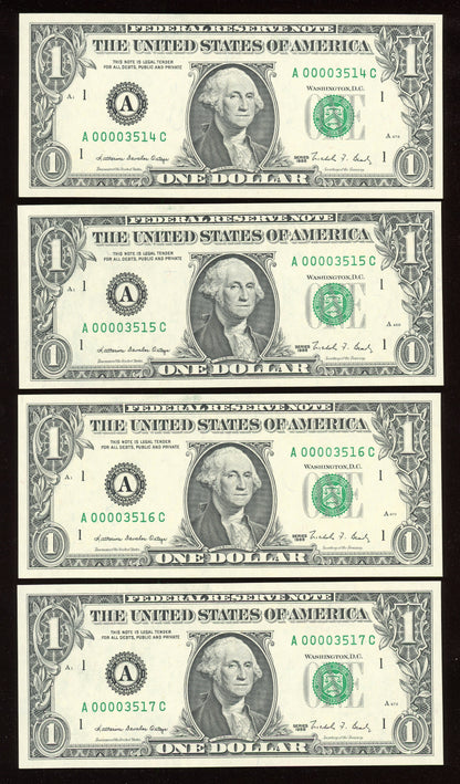 Beautiful Set of 4 Consecutive Crisp Fancy Low Serial 1988 $1 Notes