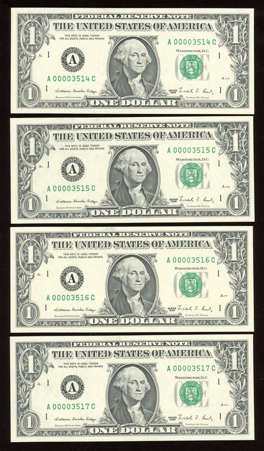 Beautiful Set of 4 Consecutive Crisp Fancy Low Serial 1988 $1 Notes