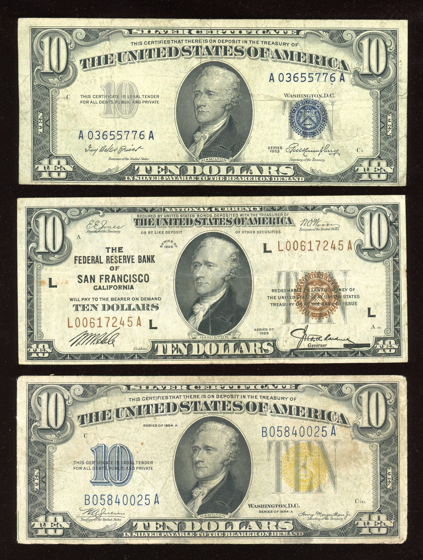 RARE Set of Tens $10 1929 FR Brown Seal $10 1953 Silver certificate  Blue Seal $10 1934 Yellow Seal