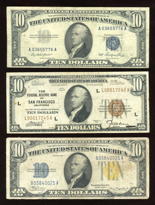 RARE Set of Tens $10 1929 FR Brown Seal $10 1953 Silver certificate  Blue Seal $10 1934 Yellow Seal