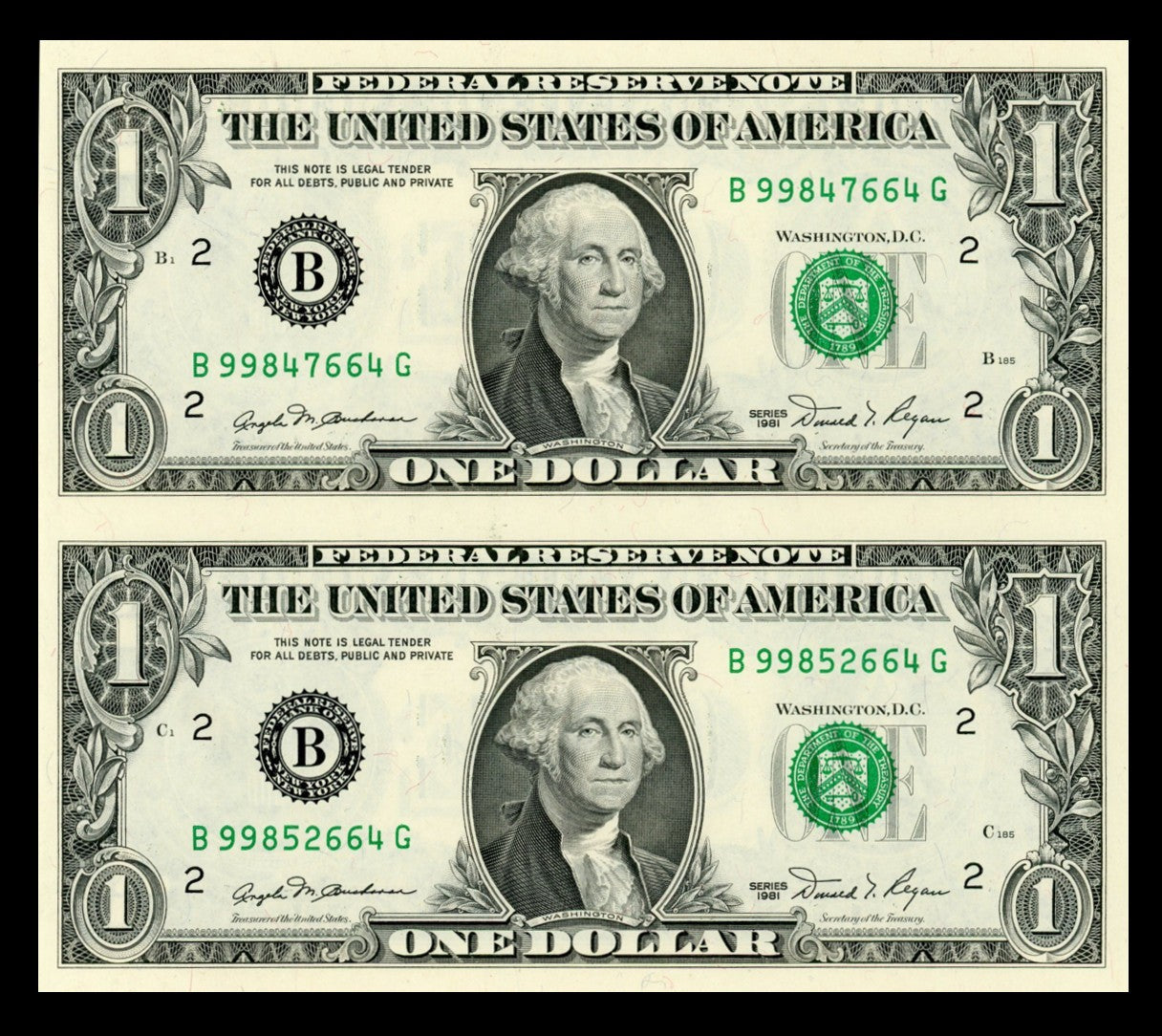 1981 Uncut Sheet of 2 $1 Bills Crisp Real US Paper money Subject Sheet