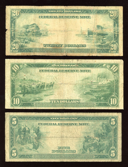 Set of 1914  $5  $10  $20  Federal Reserve Note Large Size Blue seal