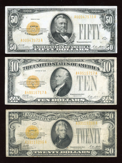 Set of  1928 $50 $20 $10 Gold Certificates Gold Seals Beautiful