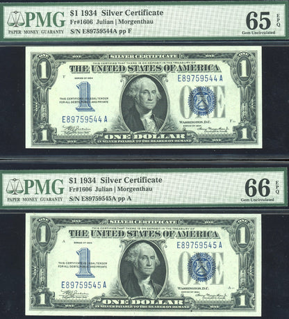 Set of 2 "Consecutive" 1934 $1 Silver Certificate Funny Back notes PMG 66 and 65