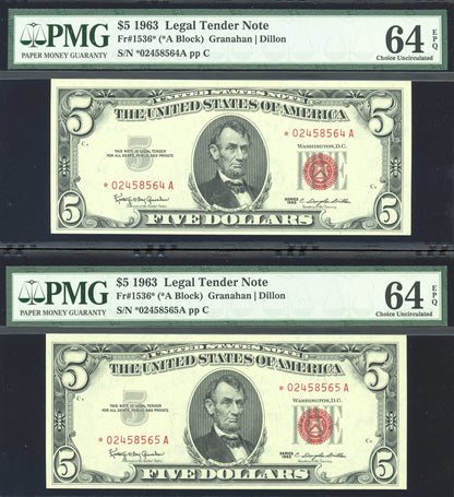 Set of 2 *STAR* Consecutive 1963 $5 Dollar Notes Red Seal "Uncirculated" PMG 64