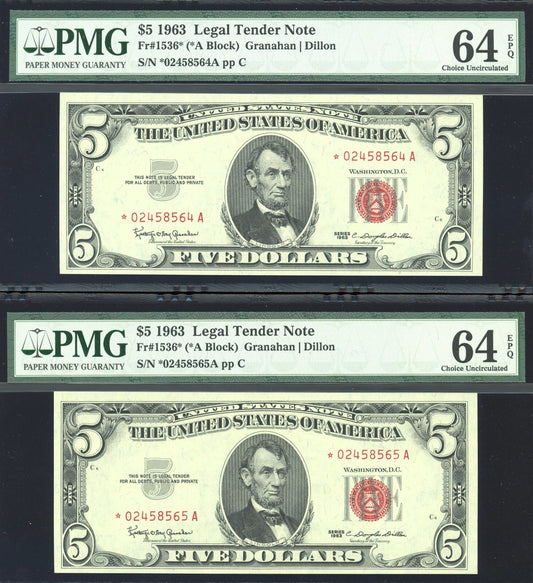 Set of 2 *STAR* Consecutive 1963 $5 Dollar Notes Red Seal "Uncirculated" PMG 64