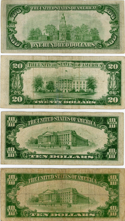 Set $10 $20 $100 Series 1934 Legal Tender and $10 Silver Certificate Blue Seal