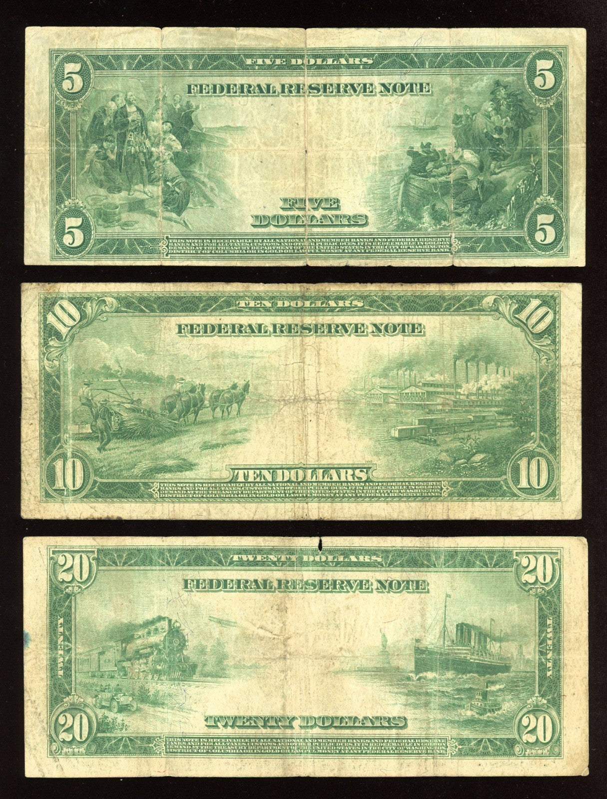 Set of 1914 $5 $10 $20 Federal Reserve Note Large Size Blue seal